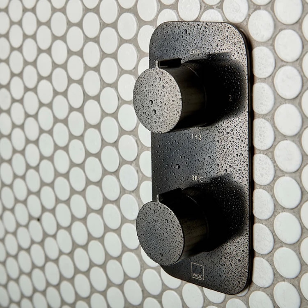 Lifestyle image of Vado Individual Altitude Brushed Black Dual Outlet Thermostatic Shower Vertical