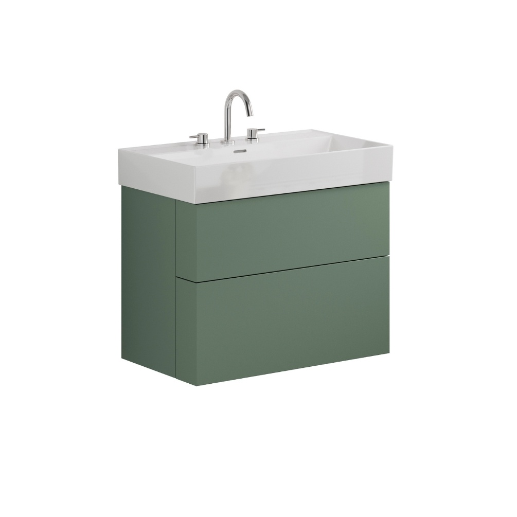 Product Cut out image of the Crosswater Avenue Sage Green 800mm Double Drawer Unit with a three tap hole basin