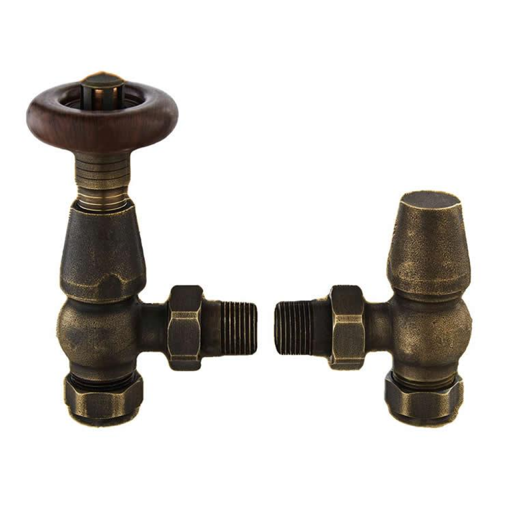 Photo of Bayswater Angled Thermostatic Rounded Antique Brass Radiator Valves With Lock Shield