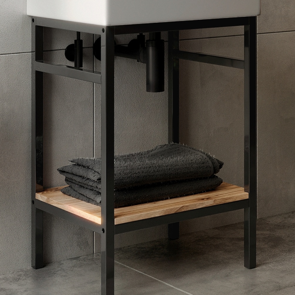 Close up product lifestyle image of the Abacus Concept Noir Halifax Oak 500mm Washstand Shelf