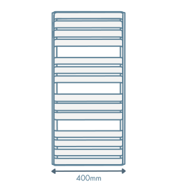 iconography image of a towel radiator with an arrow underneath & text saying 400mm showing 400mm wide bathroom radiators and towel rails
