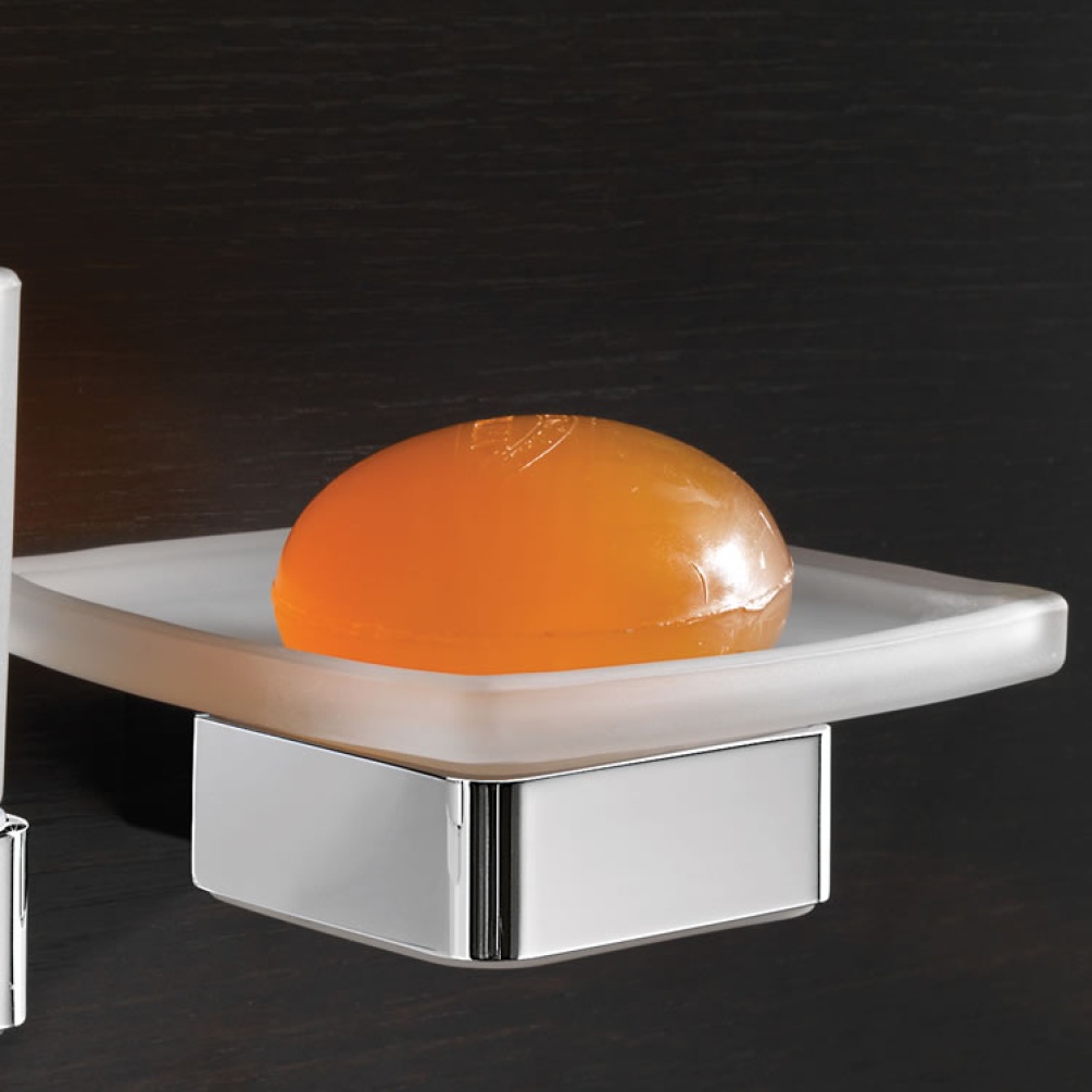 Lifestyle image of Origins Living Gedy Lounge Wall-Mounted Soap Dish mounted on black wall.
