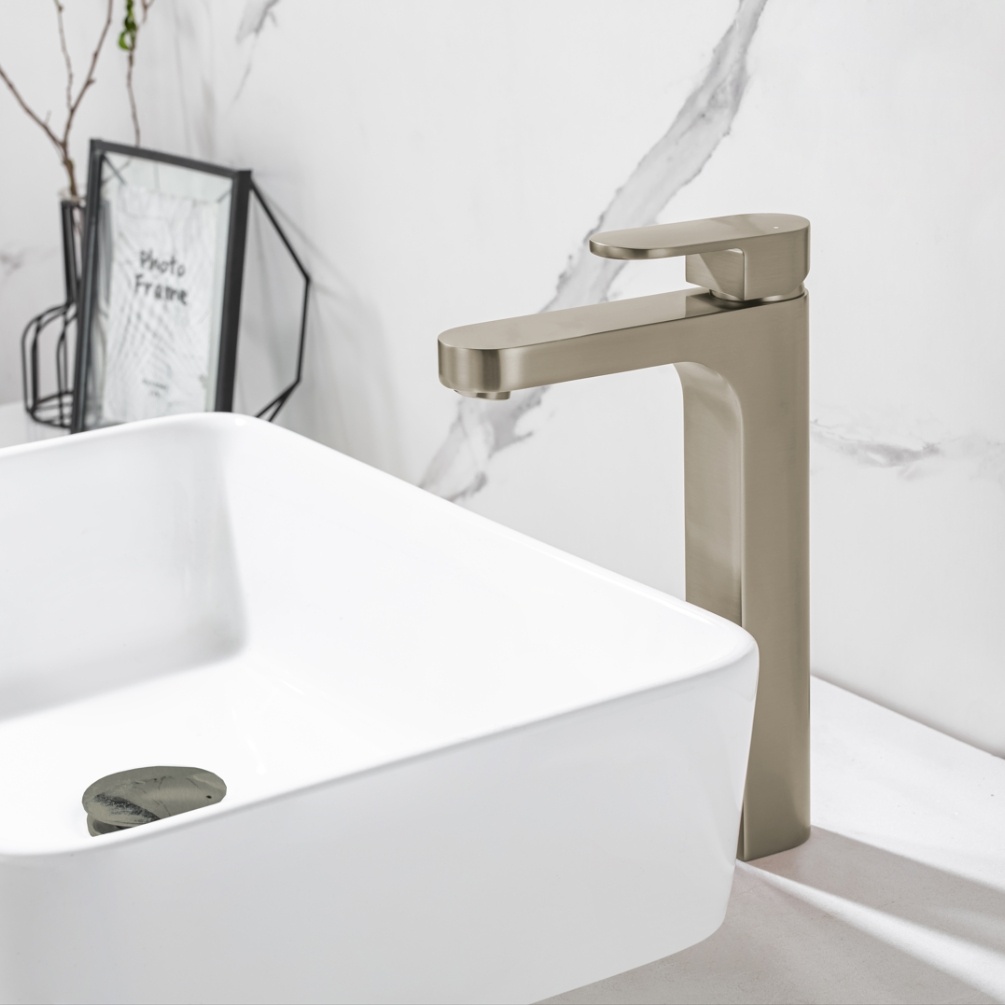 Close up product lifestyle image of the Abacus Ki Brushed Nickel Tall Mono Basin Mixer