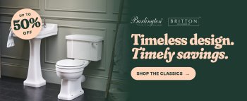 image of a traditional freestanding bath on light green background with text saying big bathroom sale and up to 50% off with burlington logo