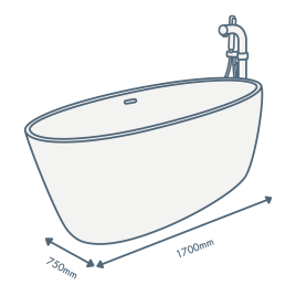 iconography image of a bathtub with 1700mm length text and 750mm width text illustrating this sized bath