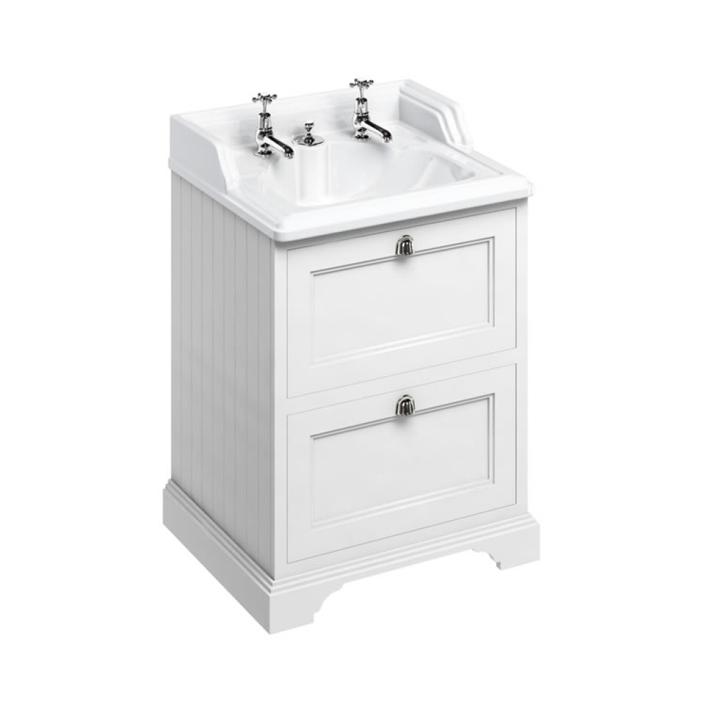 Product Cut out image of the Burlington Classic 650mm Basin with Invisible Overflow & Matt White Freestanding Vanity Unit with Drawers
