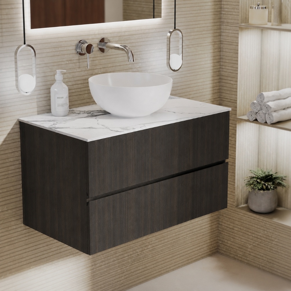 product lifestyle image of Zero Eucalypto 800mm Double Drawer Wall Hung Vanity Unit and Statuario Marble Effect Worktop 1042-BL1167C-130X