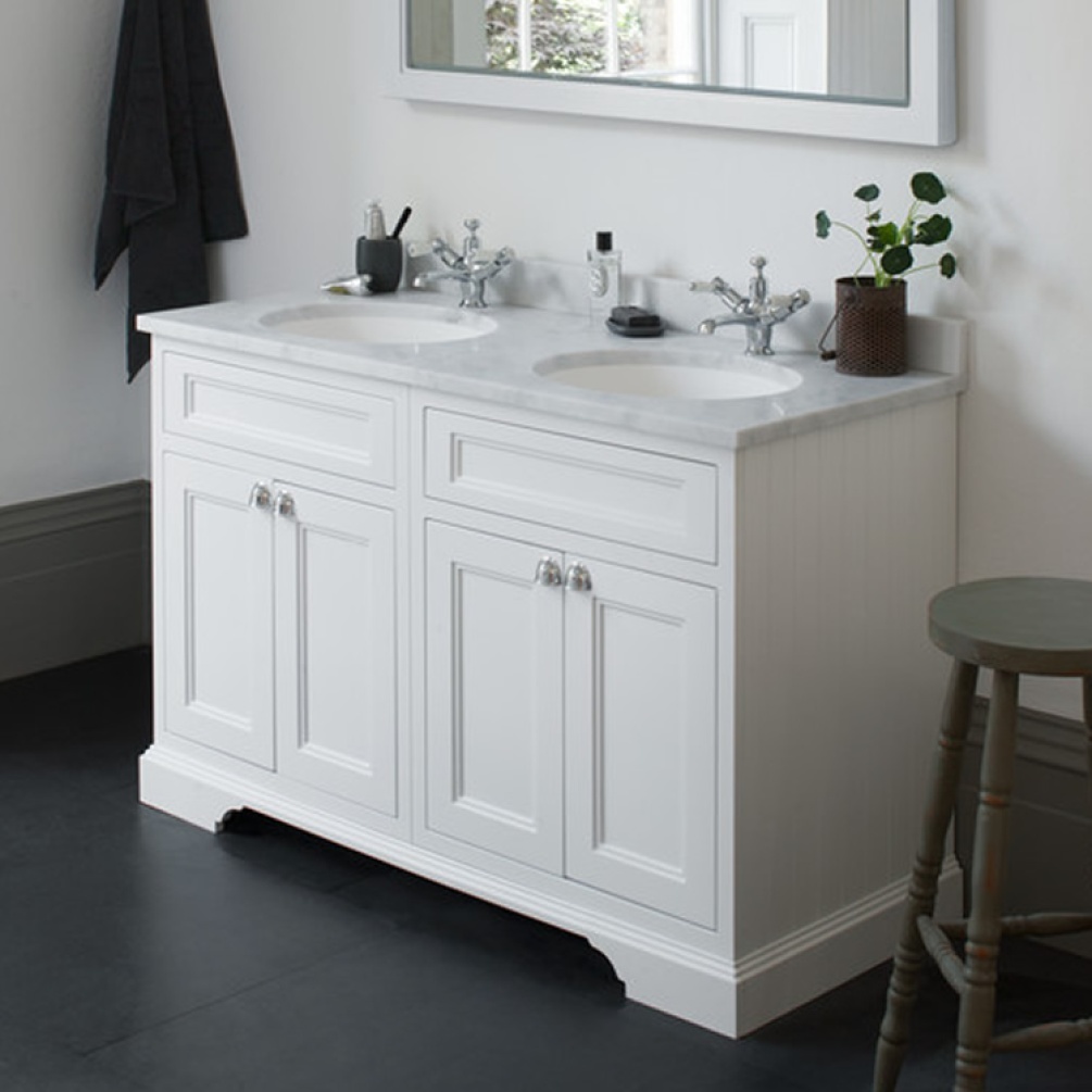Product Lifestyle image of the Burlington Minerva 1300mm Double Worktop & Matt White Freestanding Vanity Unit with Doors with Carrara white worktop