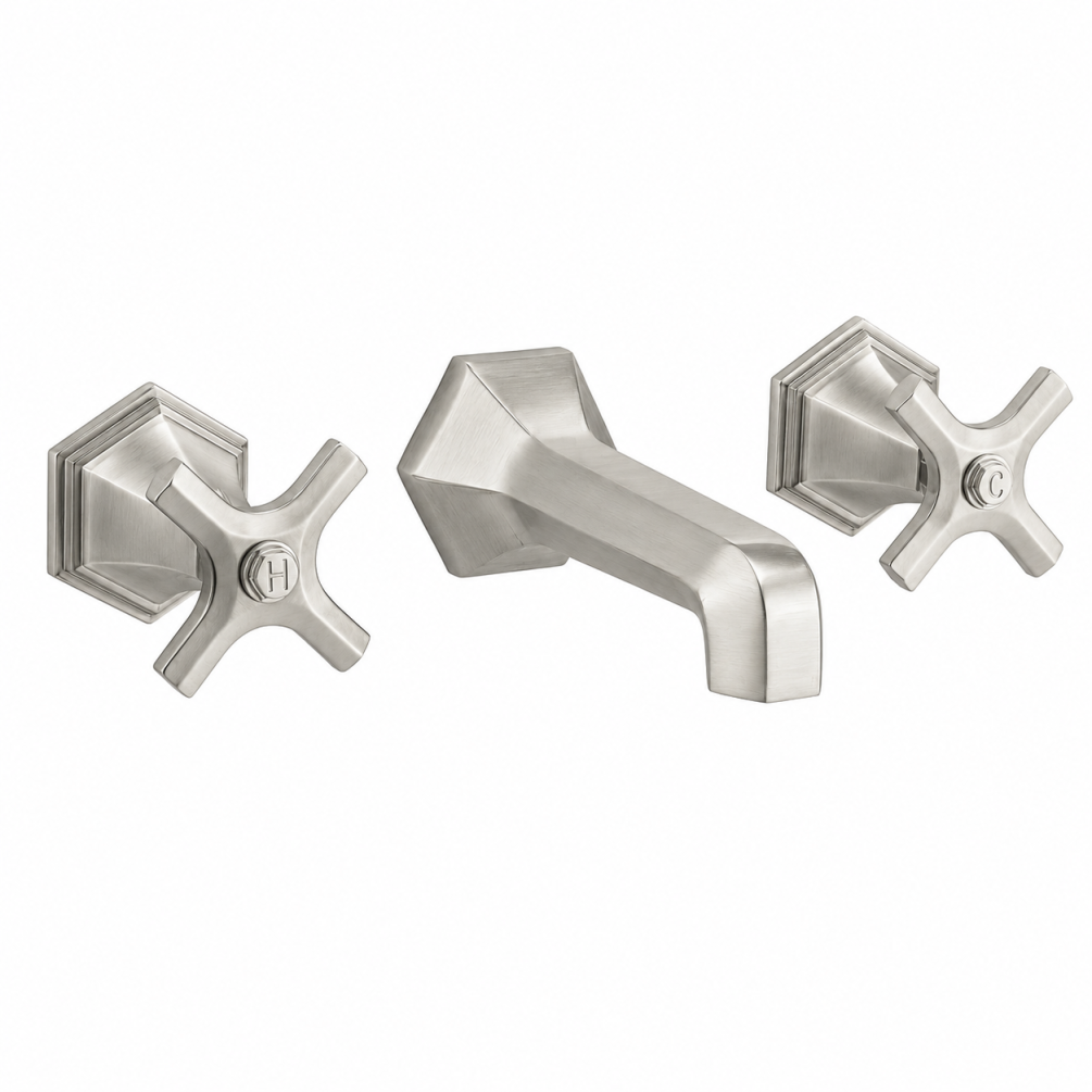 Cut out image of the Crosswater Waldorf Brushed Nickel 3 Tap Hole Crosshead Wall Mounted Basin Mixer