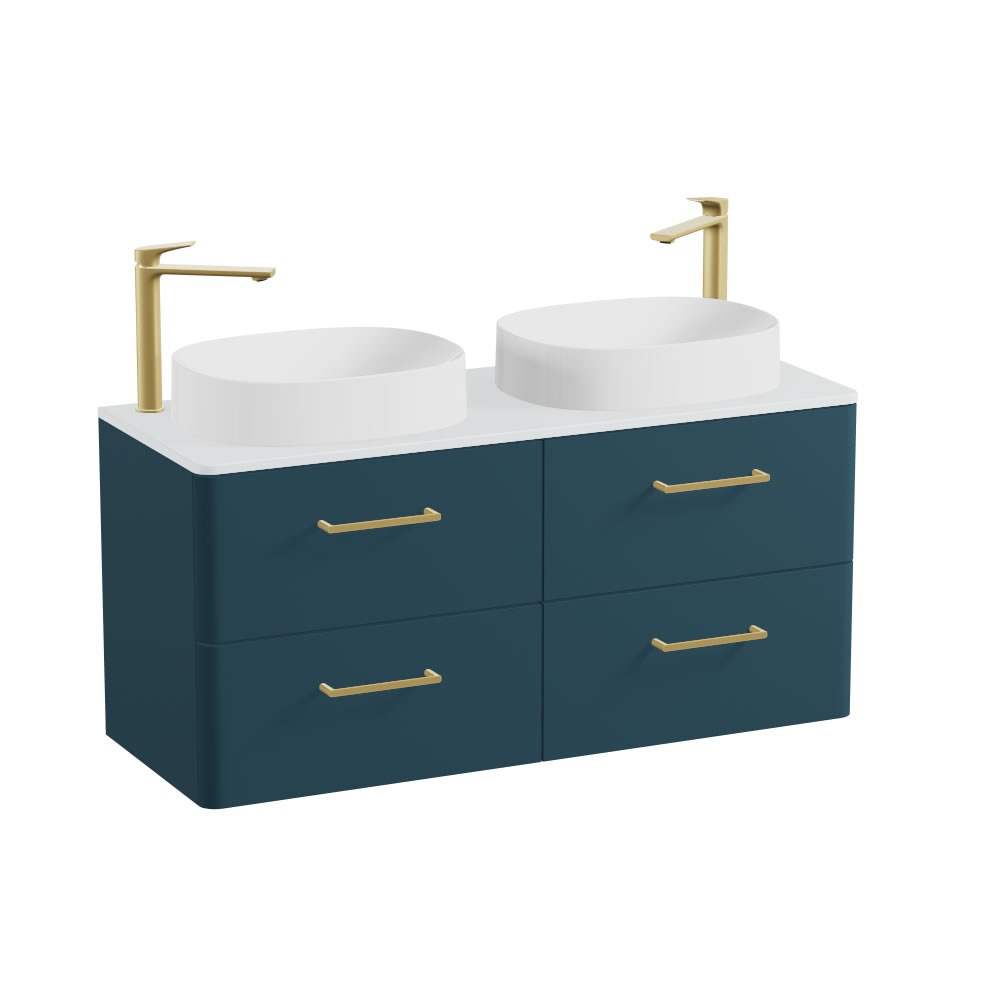 Vado Cameo 1200mm Atlantic Blue Wall Hung 4 Drawer Vanity Unit, Arctic Worktop & Oval Basins
