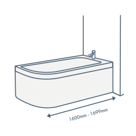iconography image of a bathtub with 1600mm-1699mm length text illustrating this sized bath
