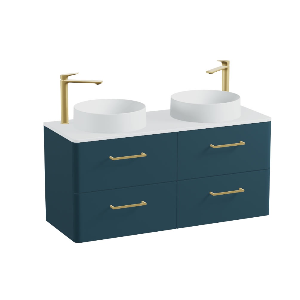 Vado Cameo 1200mm Atlantic Blue Wall Hung 4 Drawer Vanity Unit, Arctic Worktop & Basins