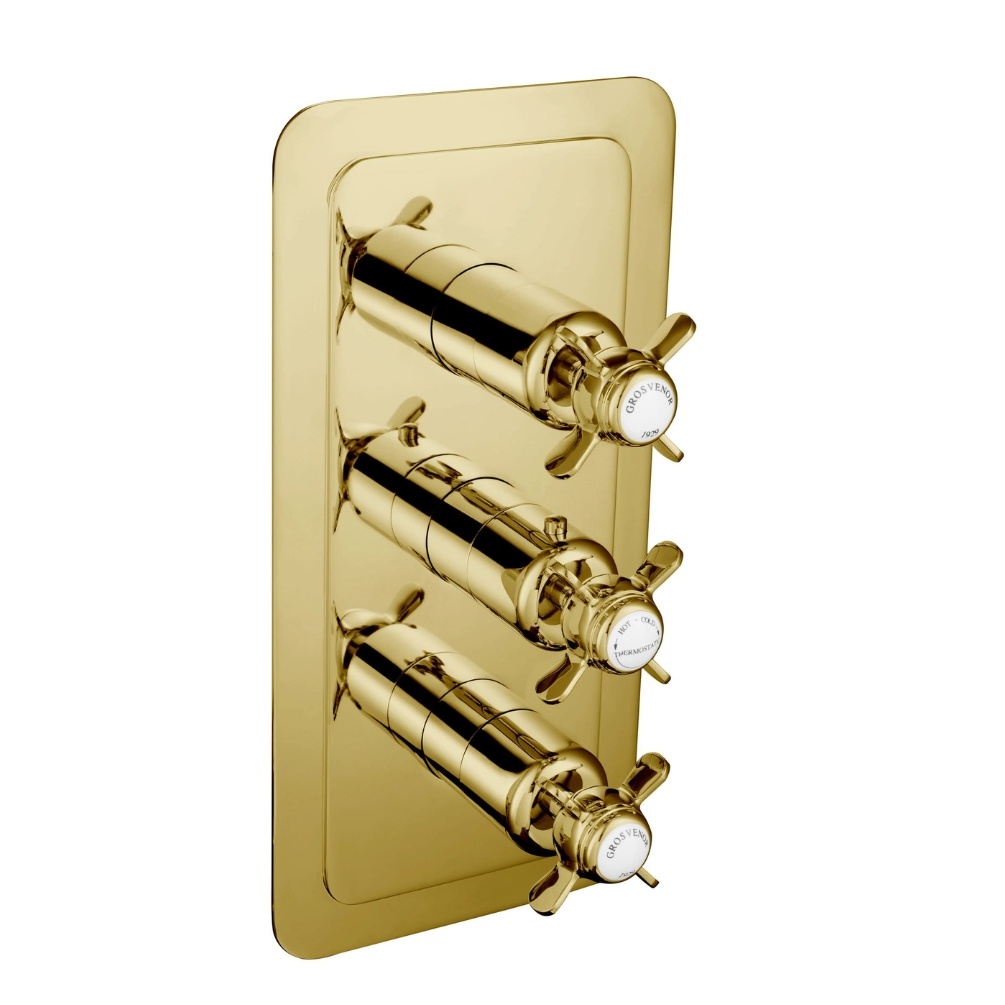 JTP Grosvenor Pinch Polished Gold 3 Outlet 3 Handle Concealed Shower Valve Cut Out