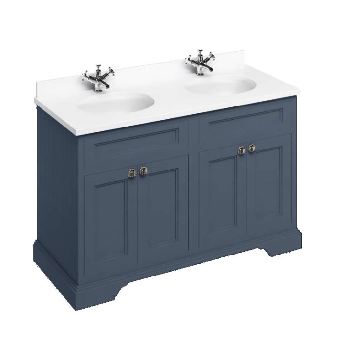 Product Cut out image of the Burlington Minerva 1300mm Double Worktop & Blue Freestanding Vanity Unit with Doors with white worktop