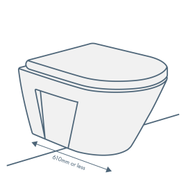 iconography image of a short projection wall hung toilet/wall mounted toilet. This has text saying 610mm or less to illustrate short projection/depth size