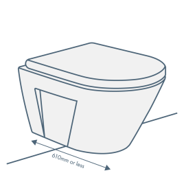 iconography image of a short projection wall hung toilet/wall mounted toilet. This has text saying 610mm or less to illustrate short projection/depth size