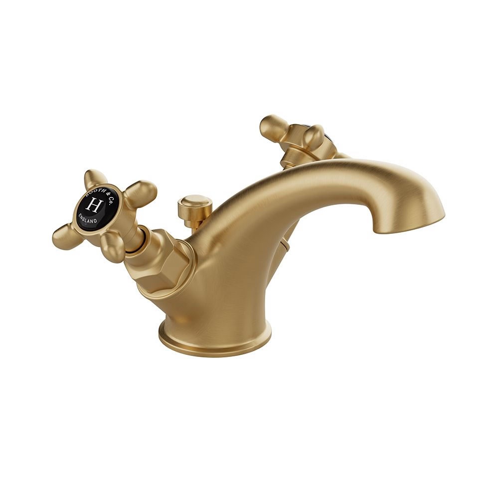 Booth & Co. Axbridge Black Cross Brushed Brass Mono Basin Mixer With Pop Up Waste