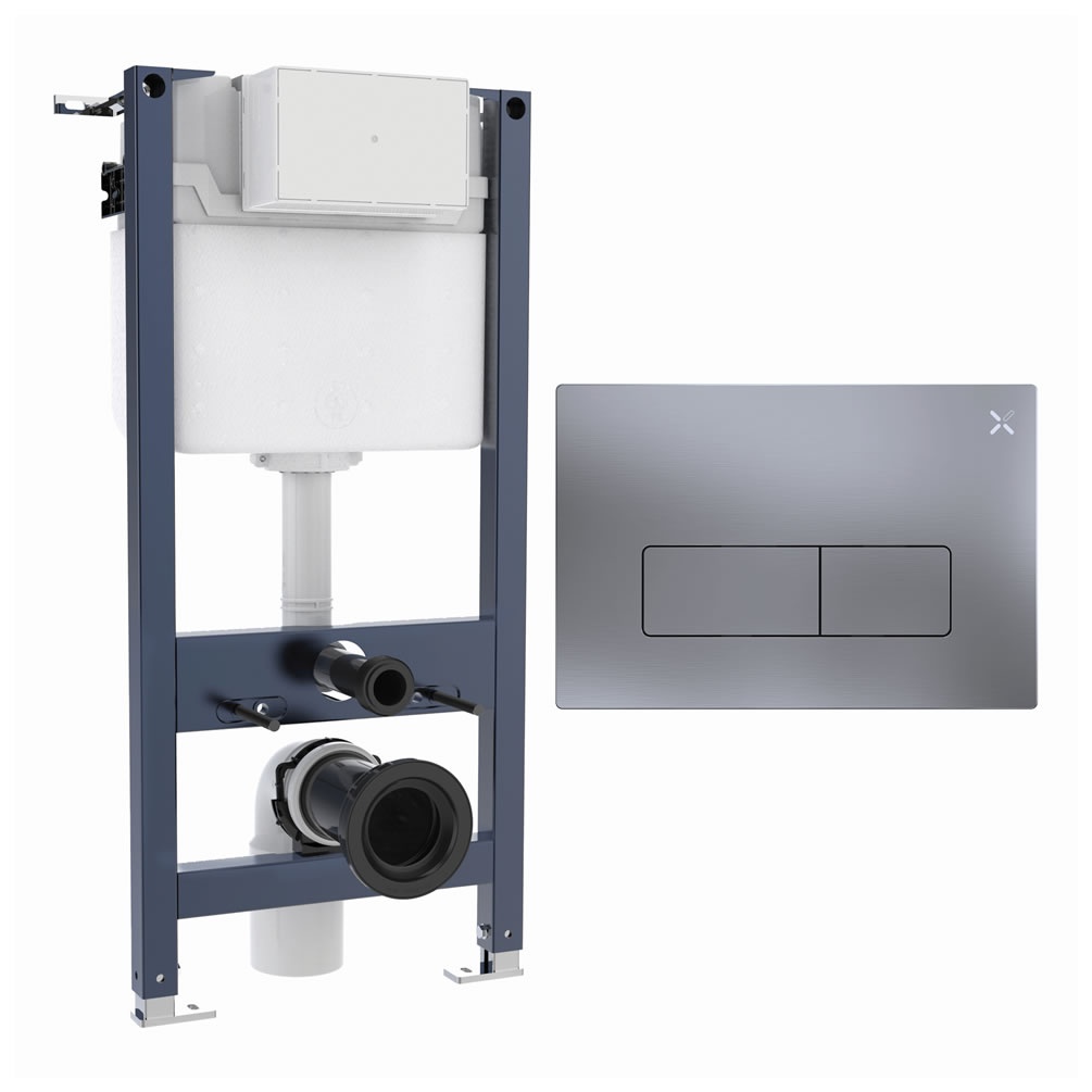 Cutout image of Crosswater 980mm Wall-Hung Cistern Frame & MPRO Brushed Nickel Dual Flush Plate