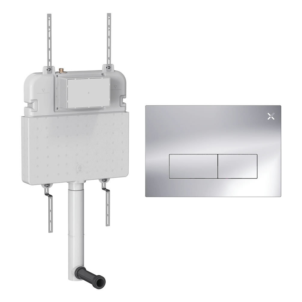 Cutout image of Crosswater 530mm Concealed Back-to-Wall Cistern & MPRO Stainless Steel Chrome Dual Flush Plate
