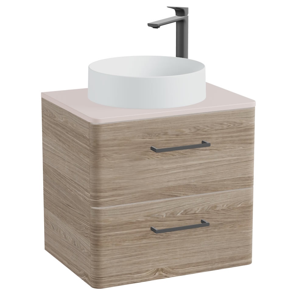 Vado Cameo 600mm Natural Oak Wall Mounted Vanity Unit, Pink Clay Worktop & Arctic Basin