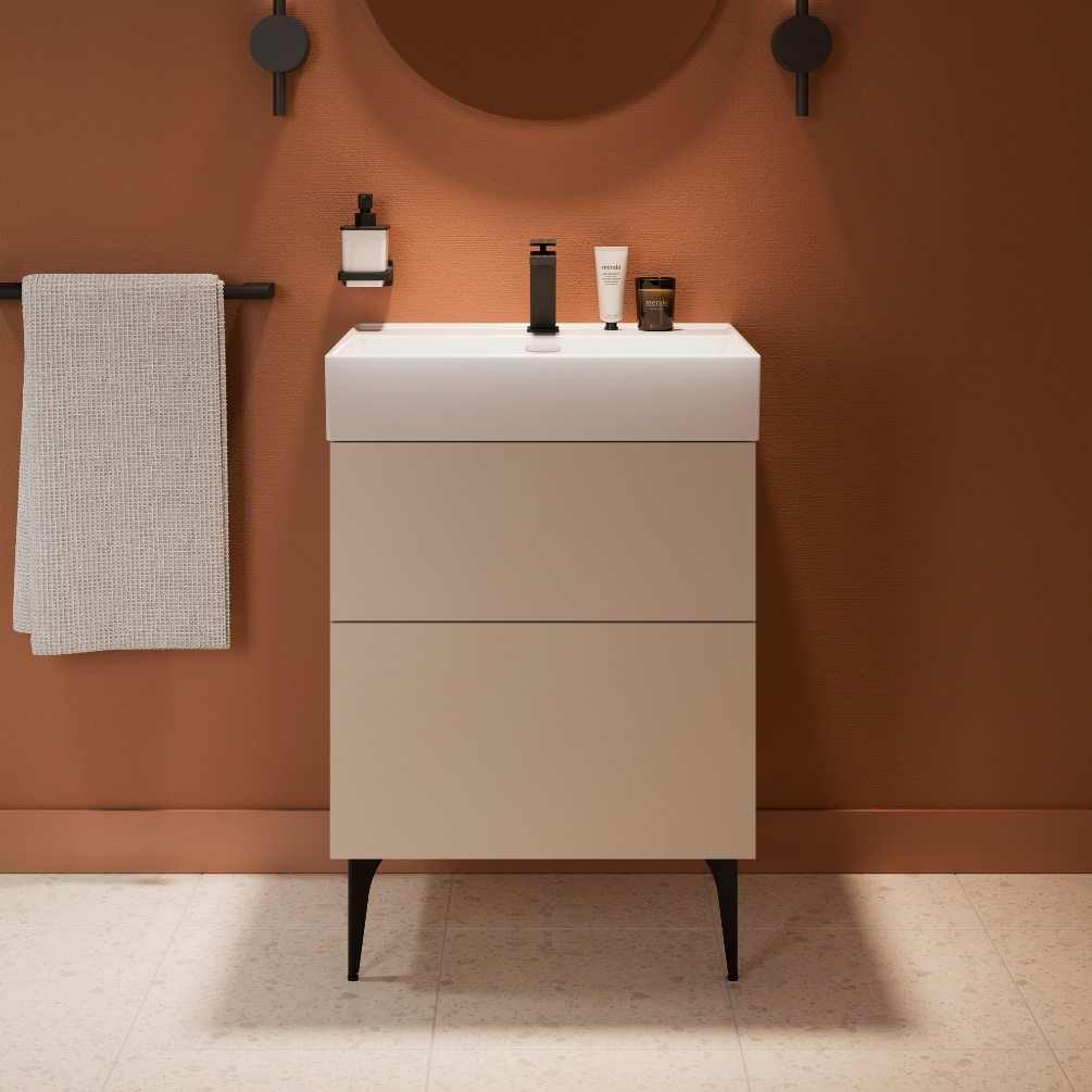 Close up product lifestyle image of the Crosswater Avenue Warm Stone 600mm Double Drawer Unit with a one tap hole basin