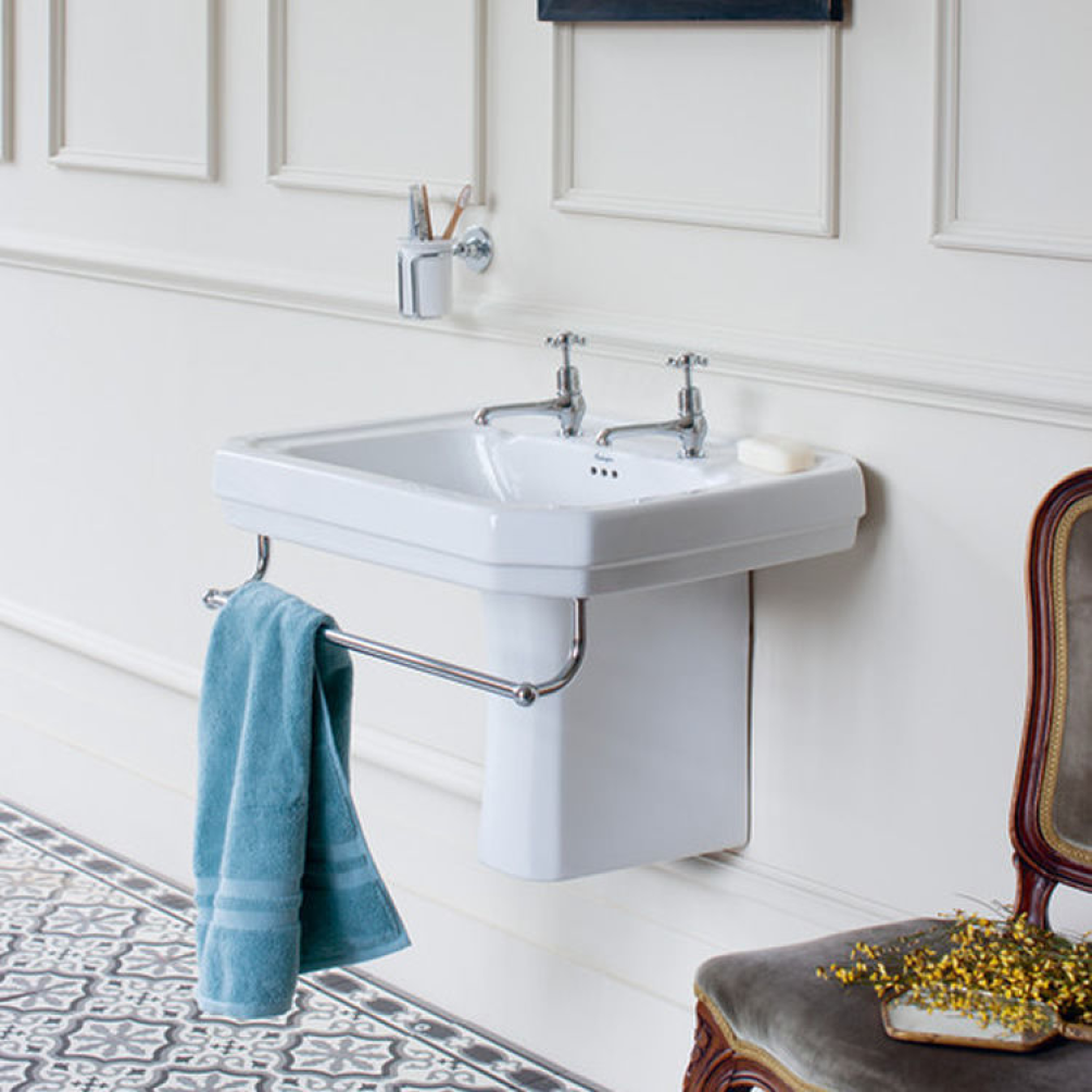 Product Lifestyle image of the Burlington Victorian 610mm Basin & Semi Pedestal with optional Towel Rail