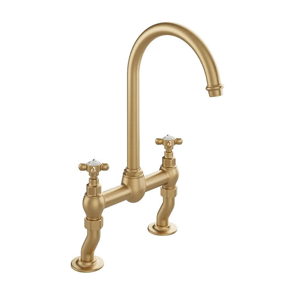 Booth & Co. Axbridge Cross Brushed Brass/White Bridge Kitchen Mixer