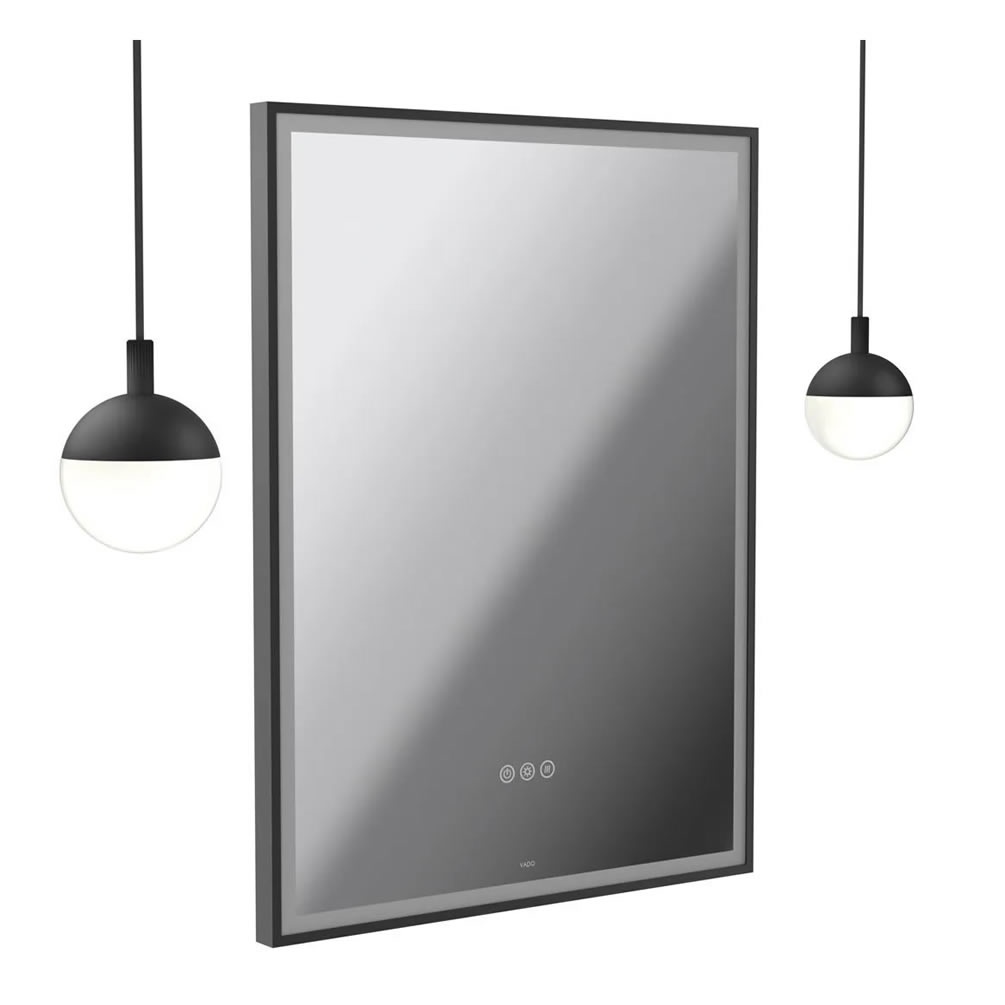 Vado Safari Matt Black 600mm Illuminated Mirror With 2 Pendant Globe Lights