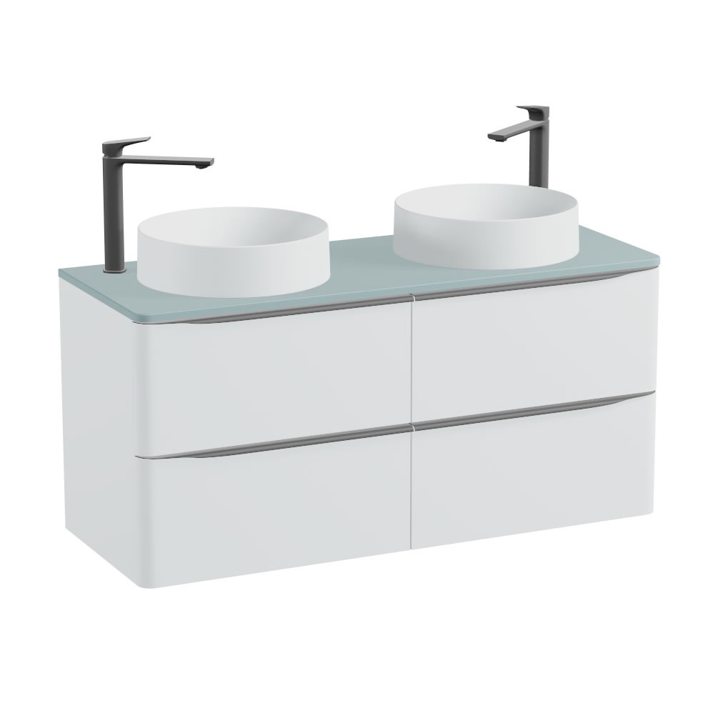 Vado Cameo 1200mm Arctic White Wall Hung 4 Drawer Vanity Unit, Cove Blue Worktop & Arctic Basins