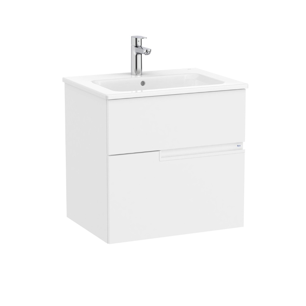 Product cut out image of the Roca Victoria-N Unik Matt White 600mm Wall Hung 2 Drawer Vanity Unit & Basin