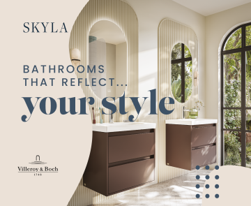 image of two grey wall hung vanity units in a beige bathroom with windows and mirrors with text saying bathrooms that reflect your style, Villeroy & boch logo and Skyla