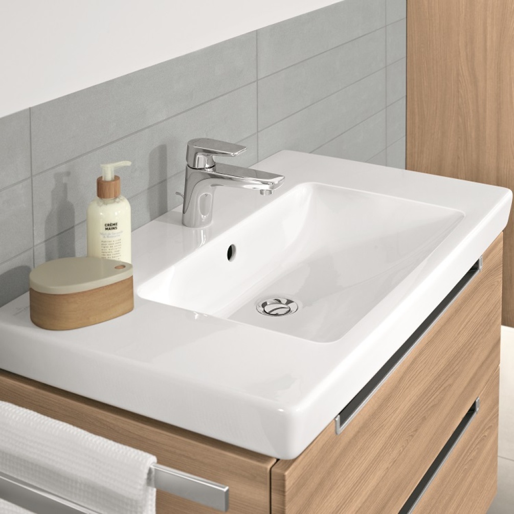 Product lifestyle photo image of Villeroy and Boch Subway 2.0 800mm Vanity Basin on wooden vanity unit close up 71758001