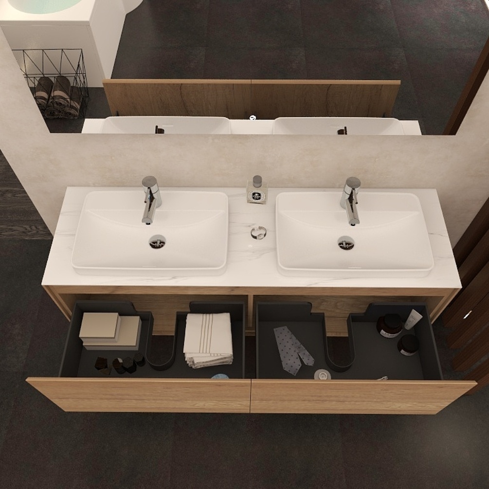 Imex Arco Natural Oak 2 white basins and Marble Worktop