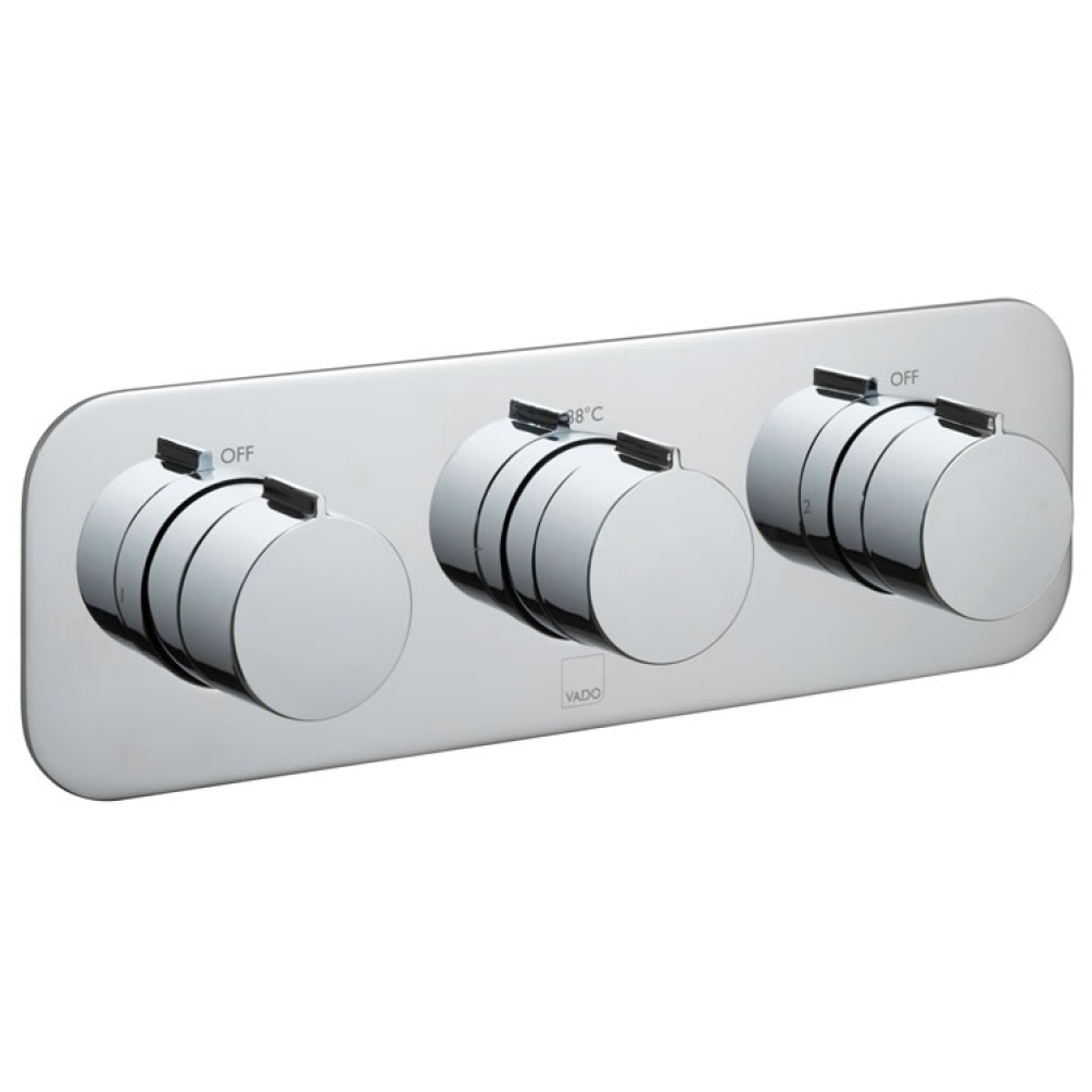 Cutout image of Vado Altitude Three Handle Dual Outlet Thermostatic Shower Valve Horizontal.