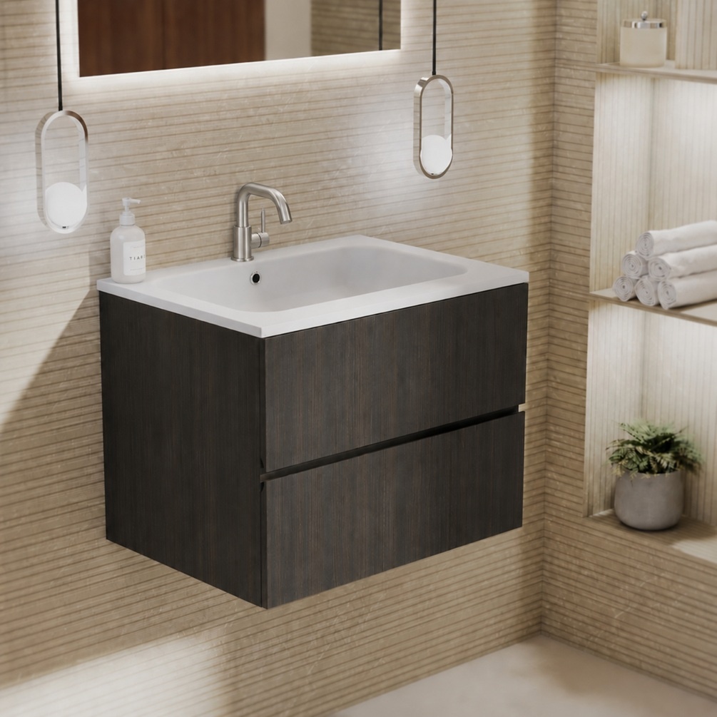 zero eucalypto 600mm 2 drawer wall hung vanity unit and matt white basin in bathroom setting