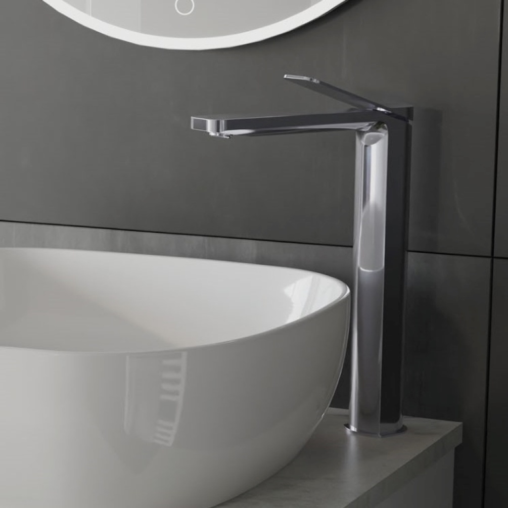 Close up lifestyle image of Crosswater Glide II Tall Basin Chrome Mono Basin Mixer Tap GD112DNC next to white countertop basin