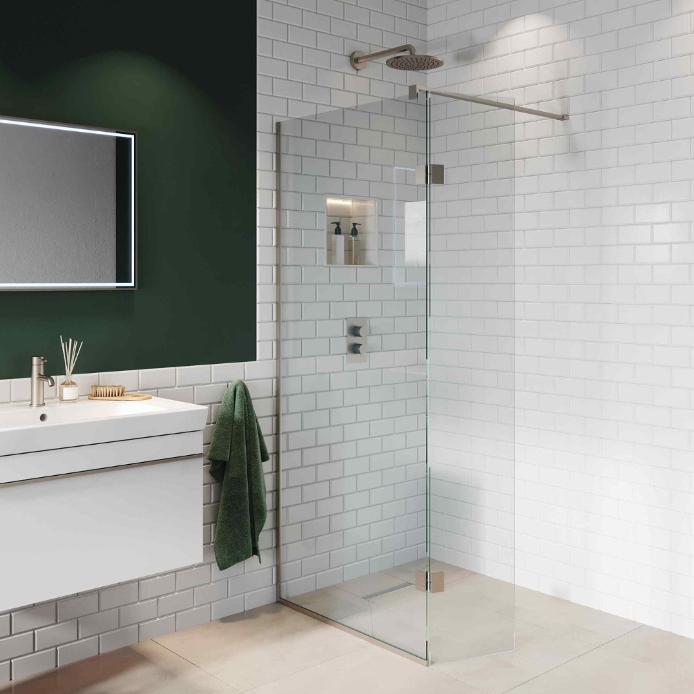 Lifestyle image of the Abacus Brushed Nickel 900mm Wetroom Screen with Wall Support Bar & Deflector Panel