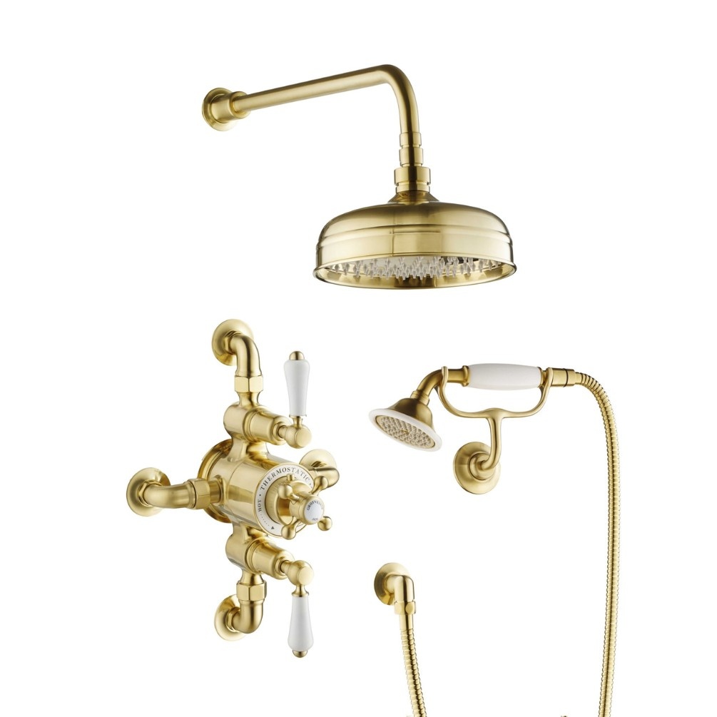 JTP Grosvenor Cross Brushed Brass Exposed Thermostatic 2 Way 2 Outlet Shower Valve Kit cut out