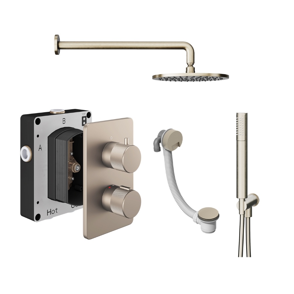 Product Cut out image of the Abacus Iso Pro Brushed Nickel 3 Outlet Shower Pack with Bath Filler & Handset