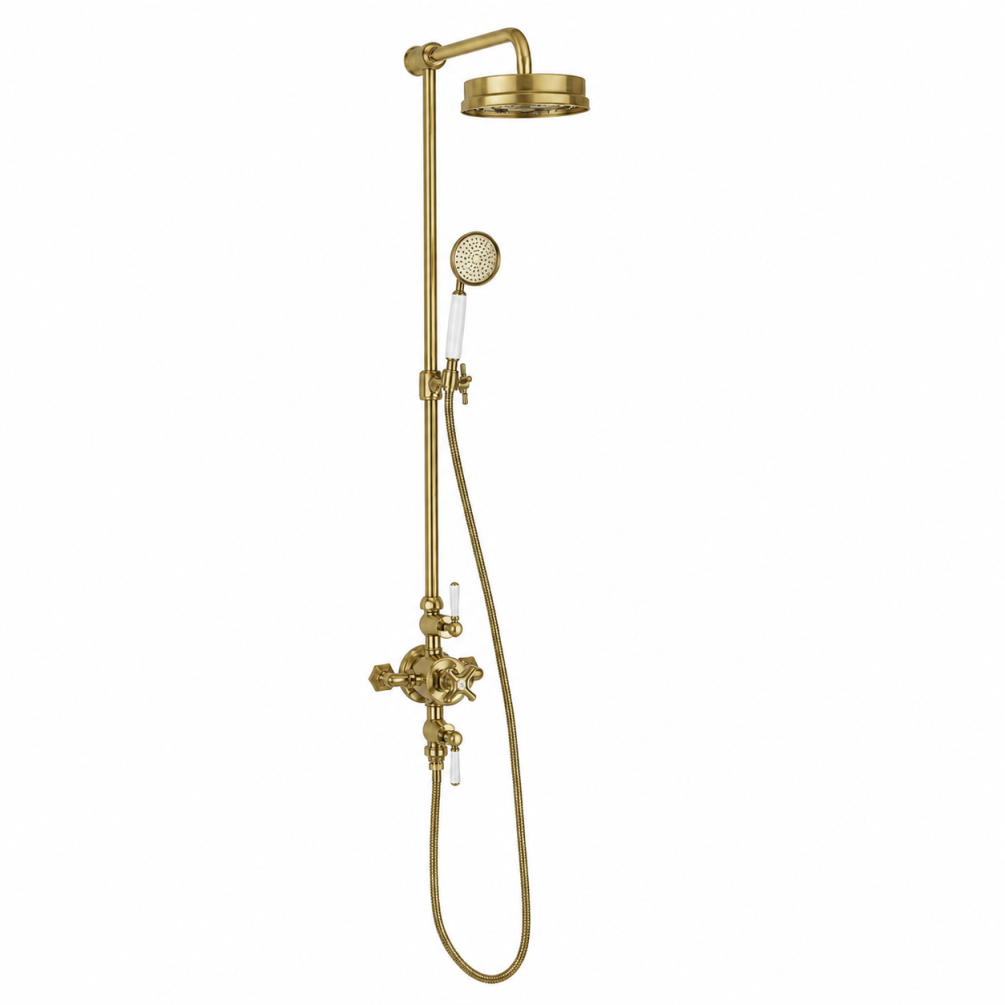 Cut out image of the Crosswater Waldorf Brushed Brass Thermostatic Shower Column with White Handles