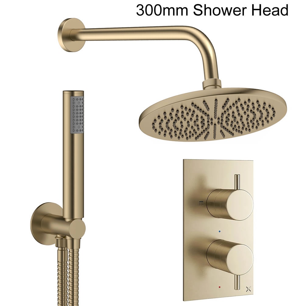 Cutout image of Crosswater Design Brushed Brass Dual Outlet Rainfall Shower Set 300mm head