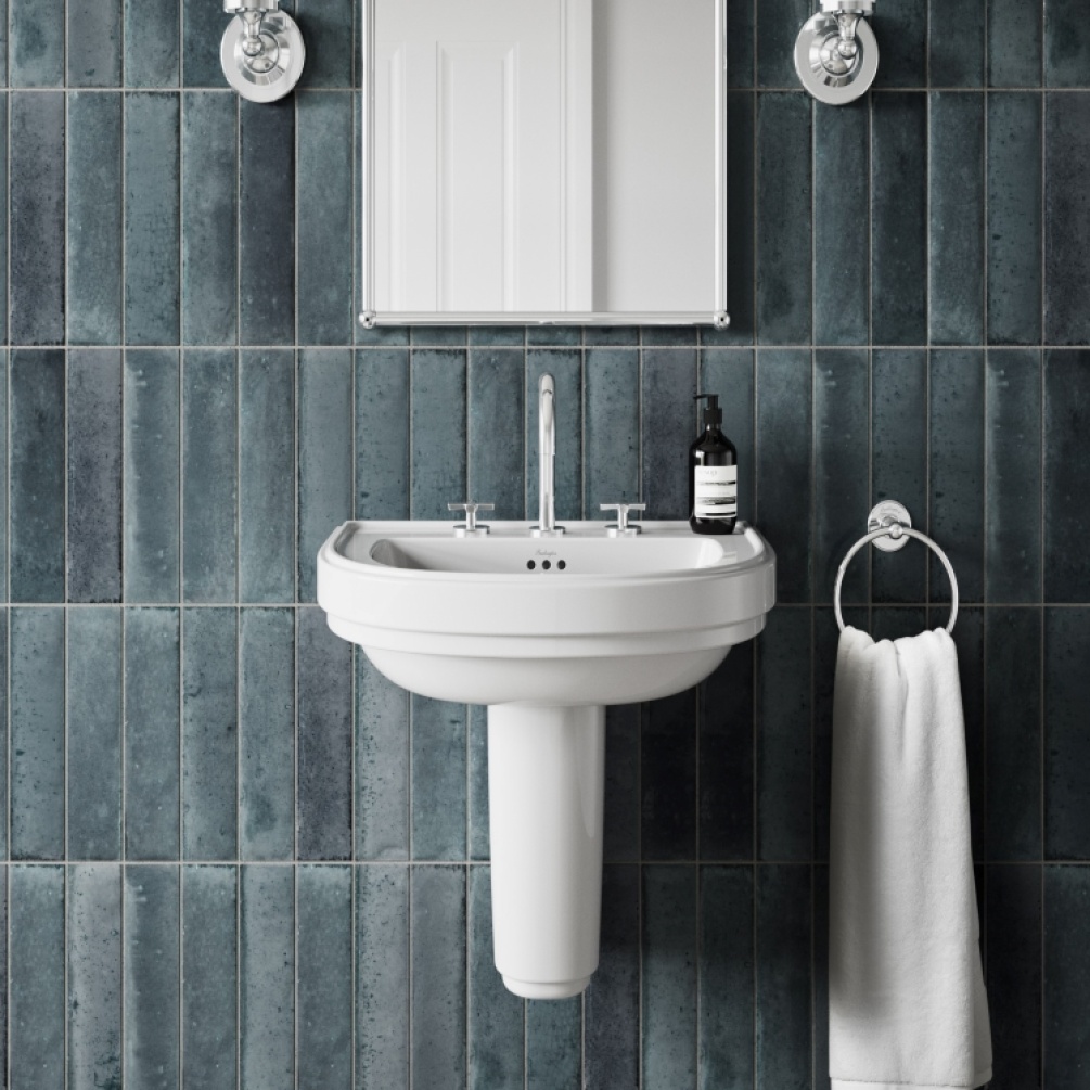 Product Lifestule image of the Burlington Riviera D Shaped Basin & Semi Pedestal with one tap hole in dark tile bathroom with mirror and towel ring