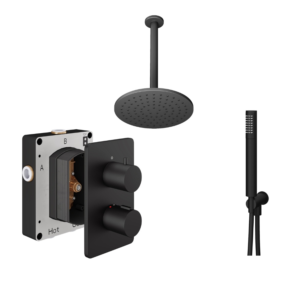 Product Cut out image of the Abacus Iso Matt Black 2 Outlet Shower Pack with Ceiling Head & Handset