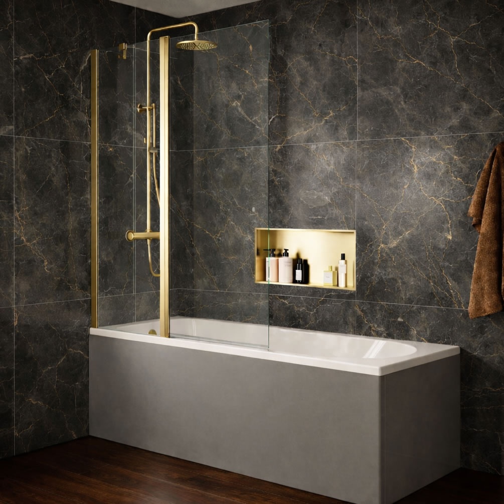 Lifestyle image of Dune Brushed Brass 1150mm Hinged Double Bath Screen