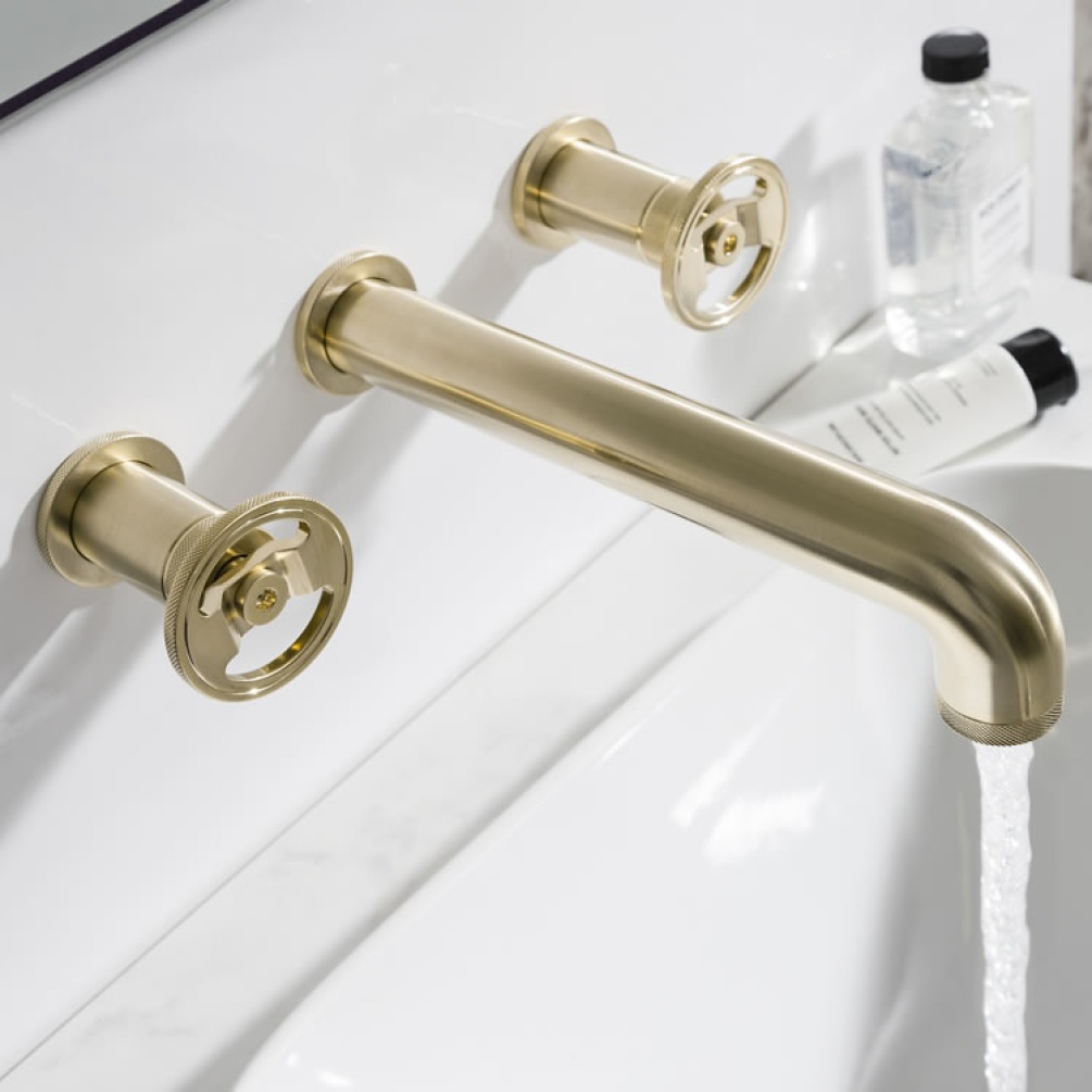 Photo Of Crosswater Union Brushed Brass Wall Mounted 3 Hole Basin Set