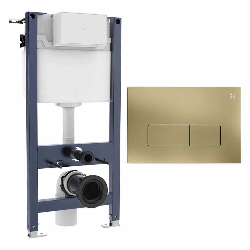 Cutout image of Crosswater 980mm Wall-Hung Cistern Frame & MPRO Brushed Brass Dual Flush Plate