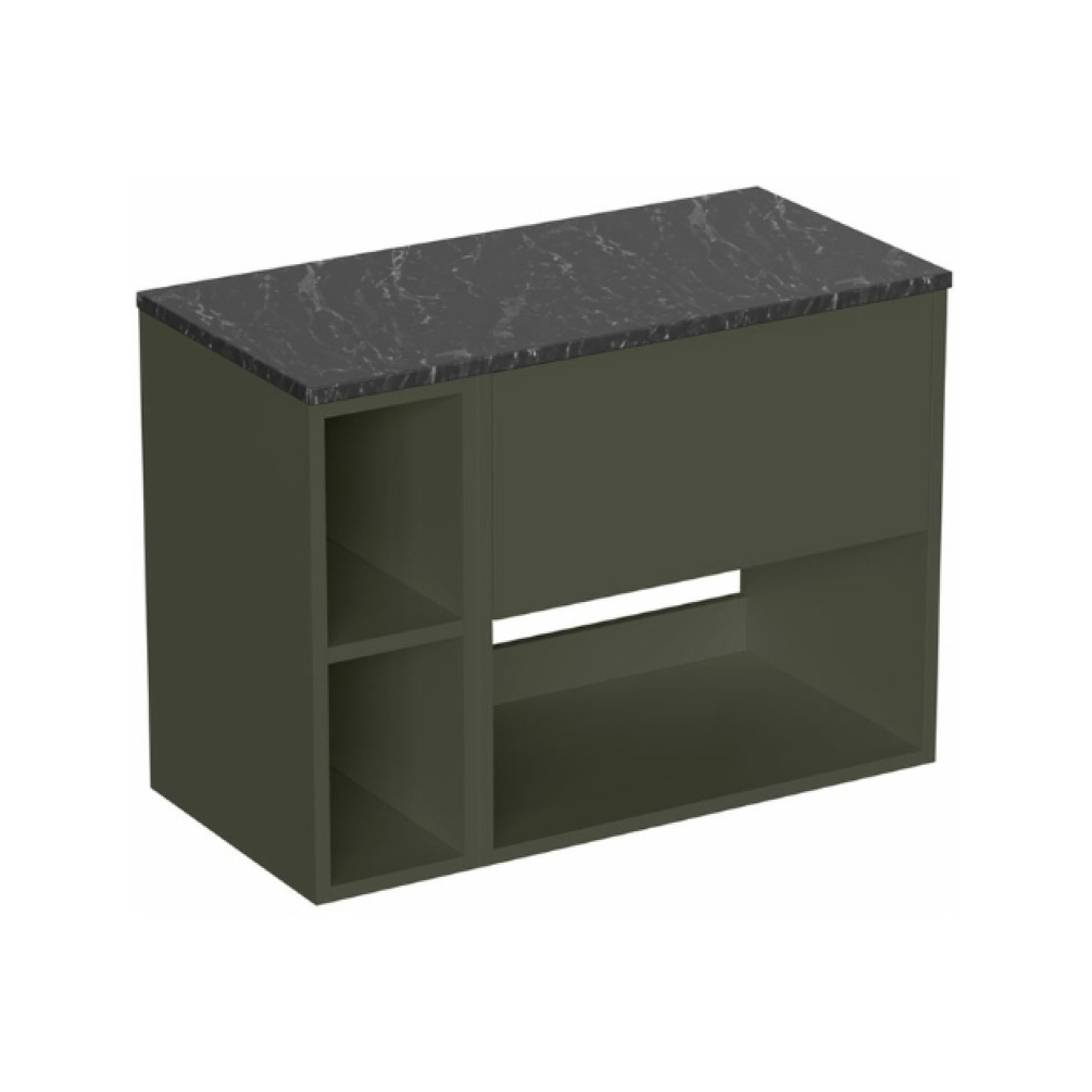 Britton Hackney Earthy Green 800mm Wall Hung Vanity Unit with Marquina Worktop & Shelf Unit