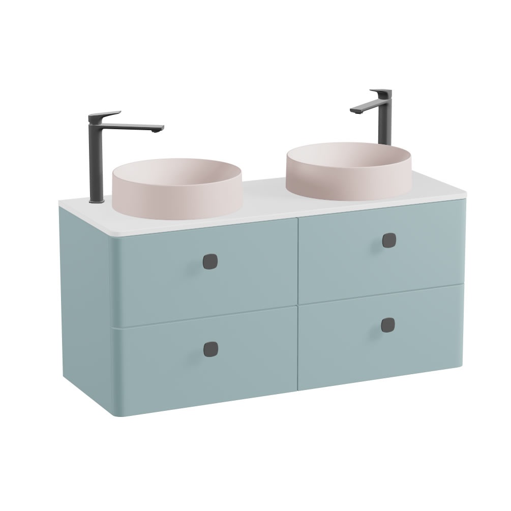 Vado Cameo 1200mm Cove Blue Wall Hung 4 Drawer Vanity Unit, Gloss White Worktop & Pink Basin