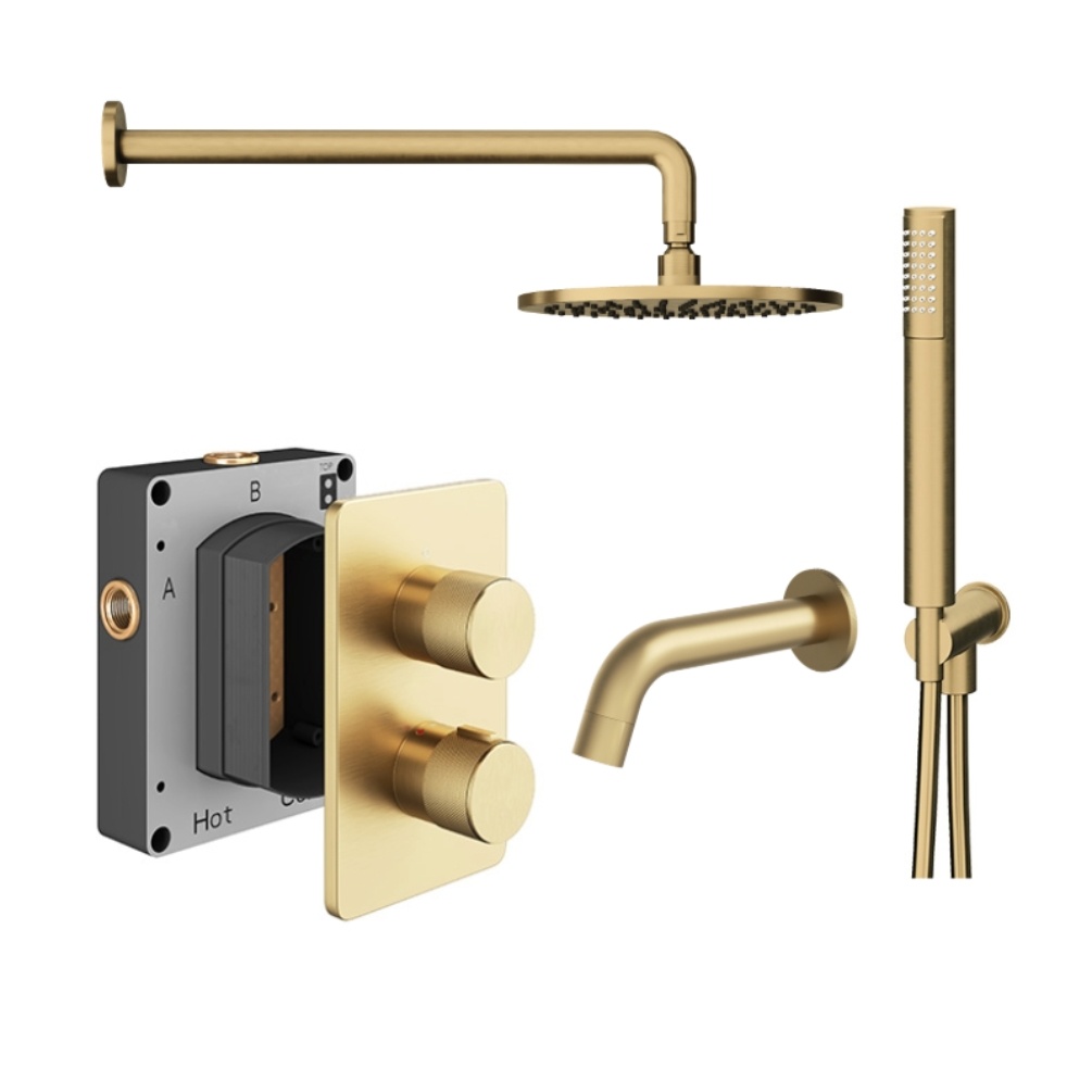 Product Cut out image of the Abacus Iso Pro Brushed Brass 3 Outlet Shower Pack with Bath Spout & Handset