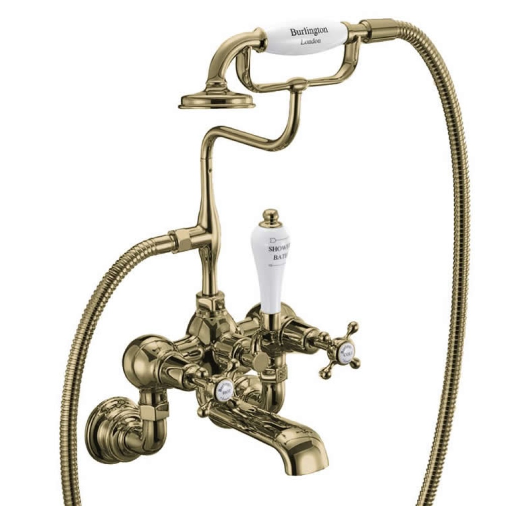 Product Cut out image of the Burlington Claremont Gold Wall Mounted Bath Shower Mixer